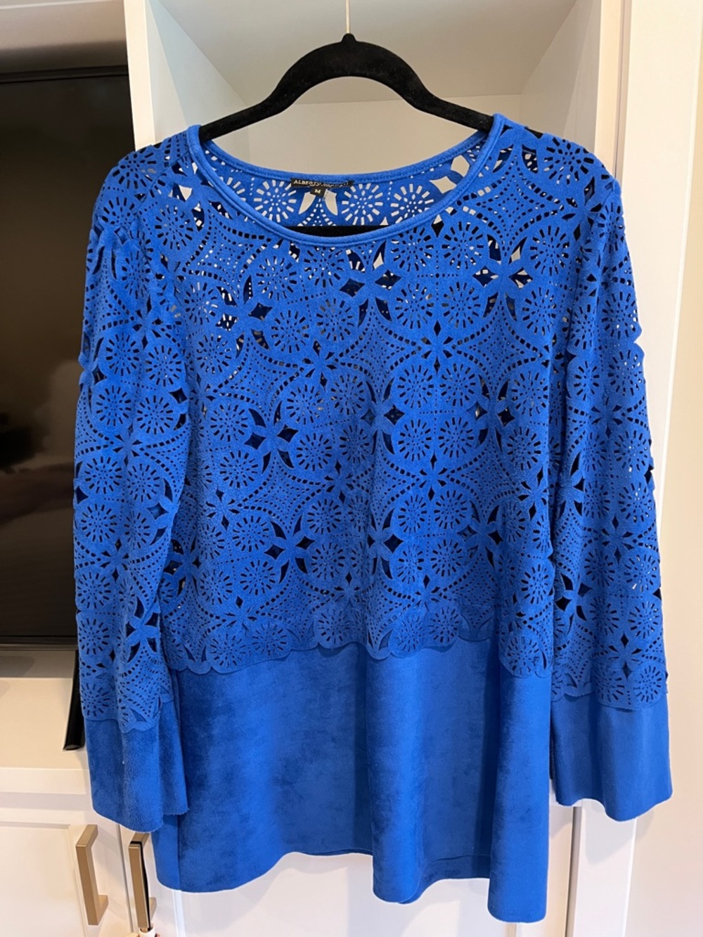 Alberto Makali Cobalt Blue Laser-Cut Lace Pullover
